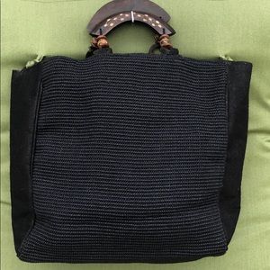 Large Black Jute Beach Bag with Wooden Handle